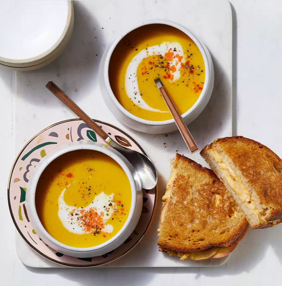 Butternut Squash Soup with Apple Grilled Cheese Sandwiches