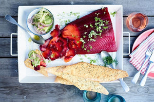 Beetroot cured salmon with cucumber and apple salad