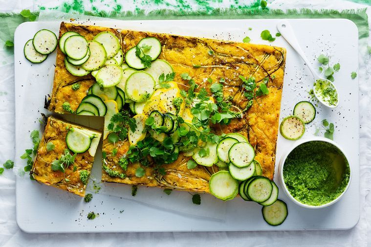 Zucchini and polenta slice with broccoli pesto